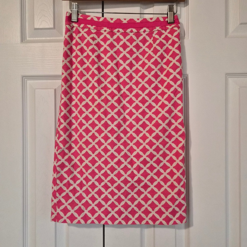 Boden Pink White Geometric Lattice Pencil Skirt Grosgrain Trim 2R Preppy Office